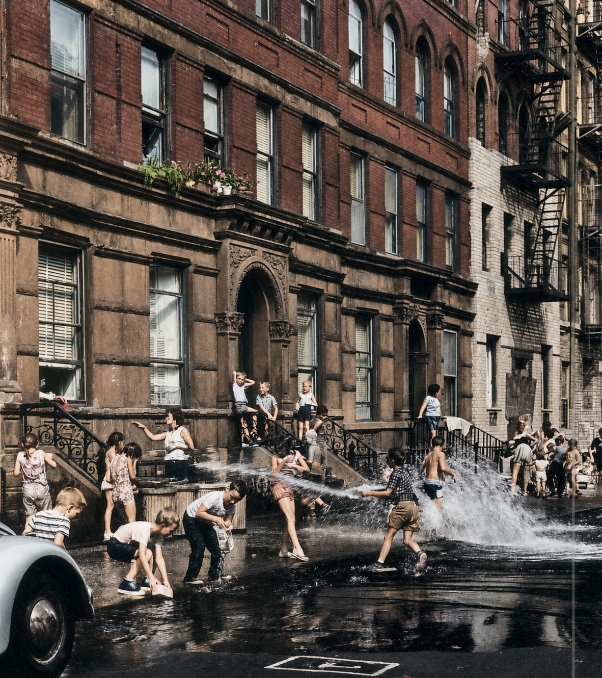 Children playing in a city street, in the summer heat. The fire hydrants and the spray they create, stoops, Stairs, sidewalk, knots of children -- these centers create the situation.