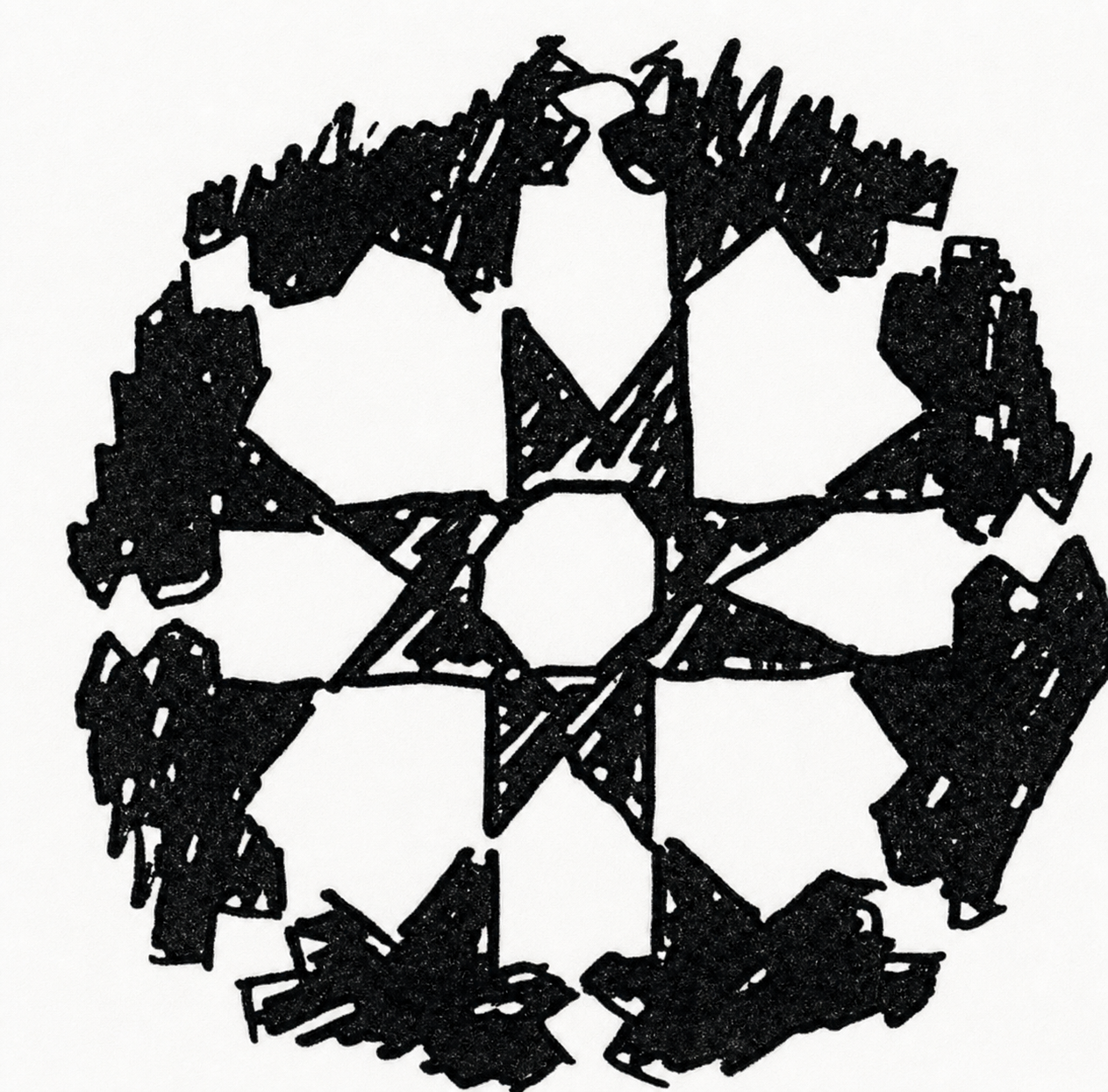 Let us look at the same thing on a more sophisticated level in the pattern of four green hexagons which form a cross that surrounds the black star-octagon. At the core of the pattern,