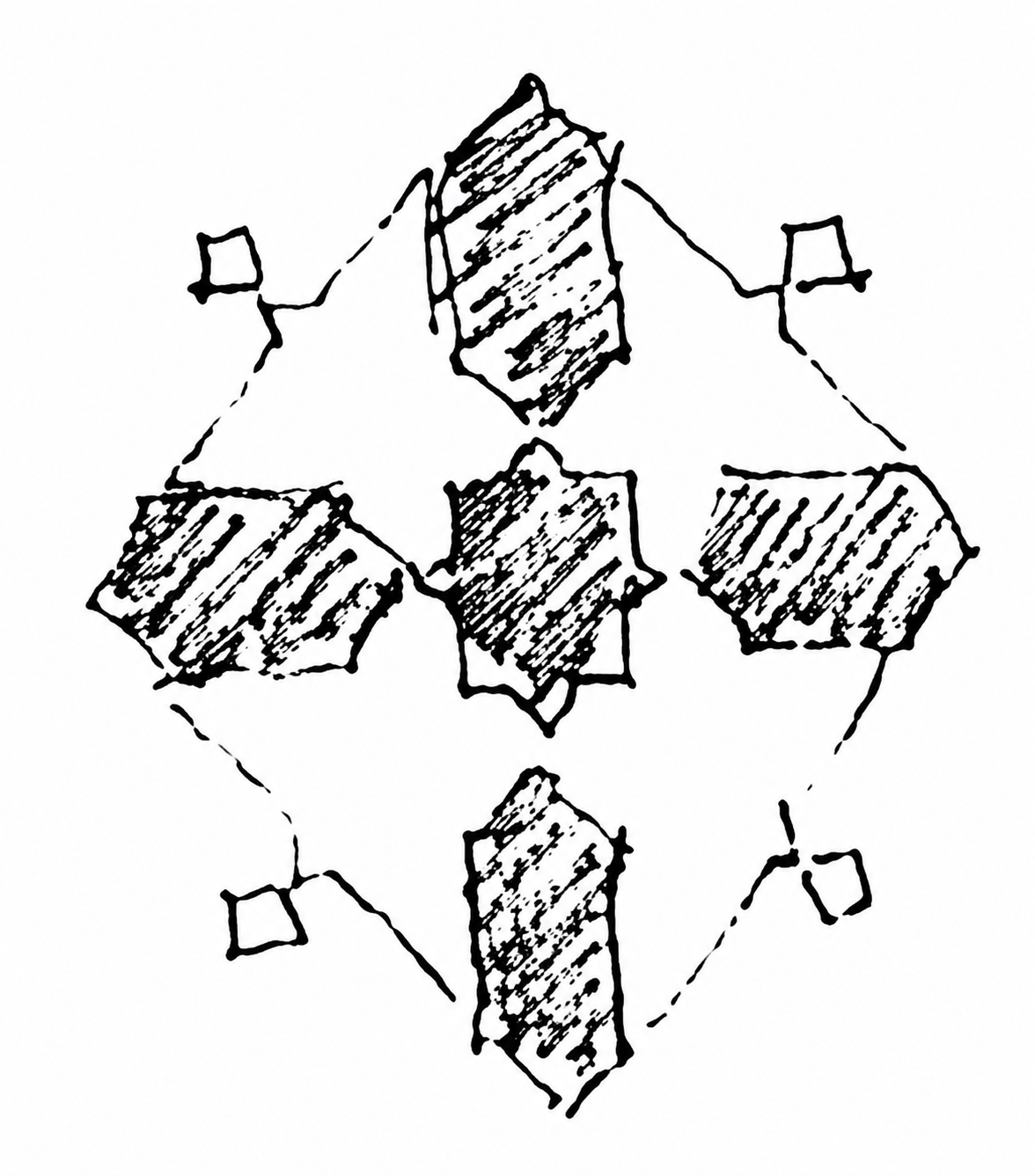 Step 3: The four green hexagons around the star, together with the four white ''shirt'' shapes and the four little white diamond-like lobes