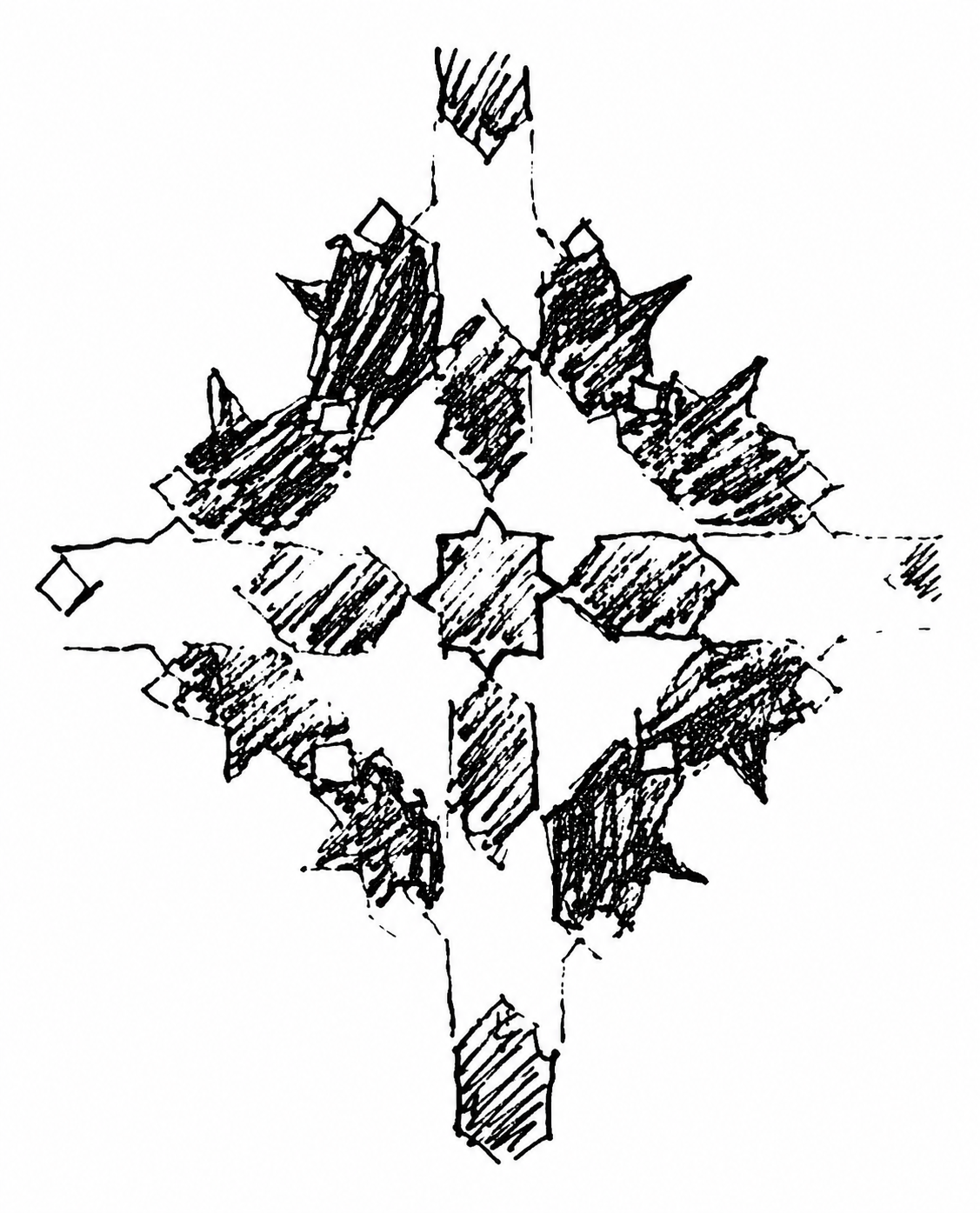 Step 4: The four white shirts and the green hexagons, together with the larger fishtail shapes that extend beyond the hexagons and intensify the black star-octagon still further.