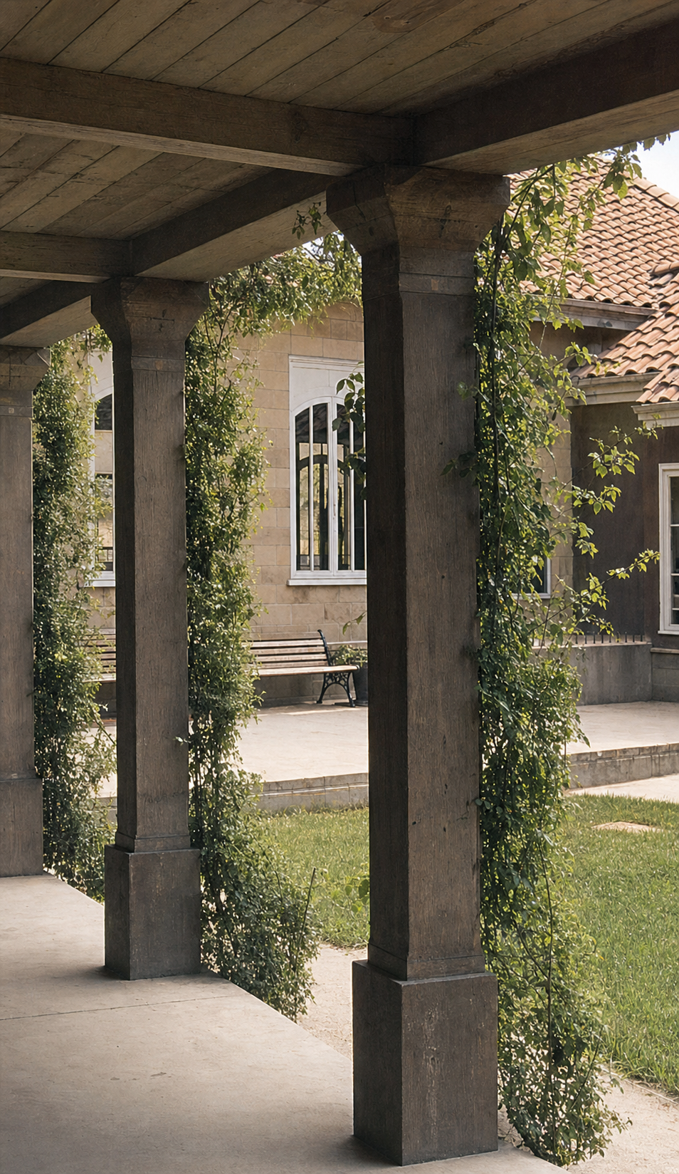 The experimental columns, installed in a colonnade in the Julian Street Inn, San Jose, Californie.