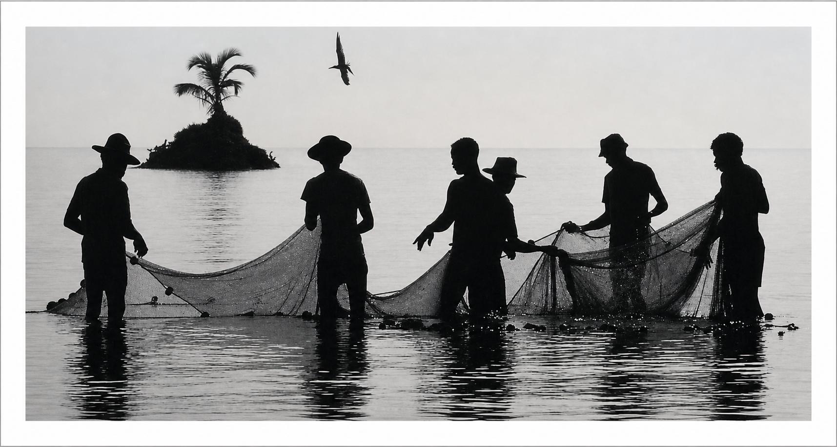 Guatemalan fishermen with their net. Their gestures, the net itself, the corks on the net, the space between the men, the palm tree, the ripples on the sea -- all these are living centers when we look at them carefully.