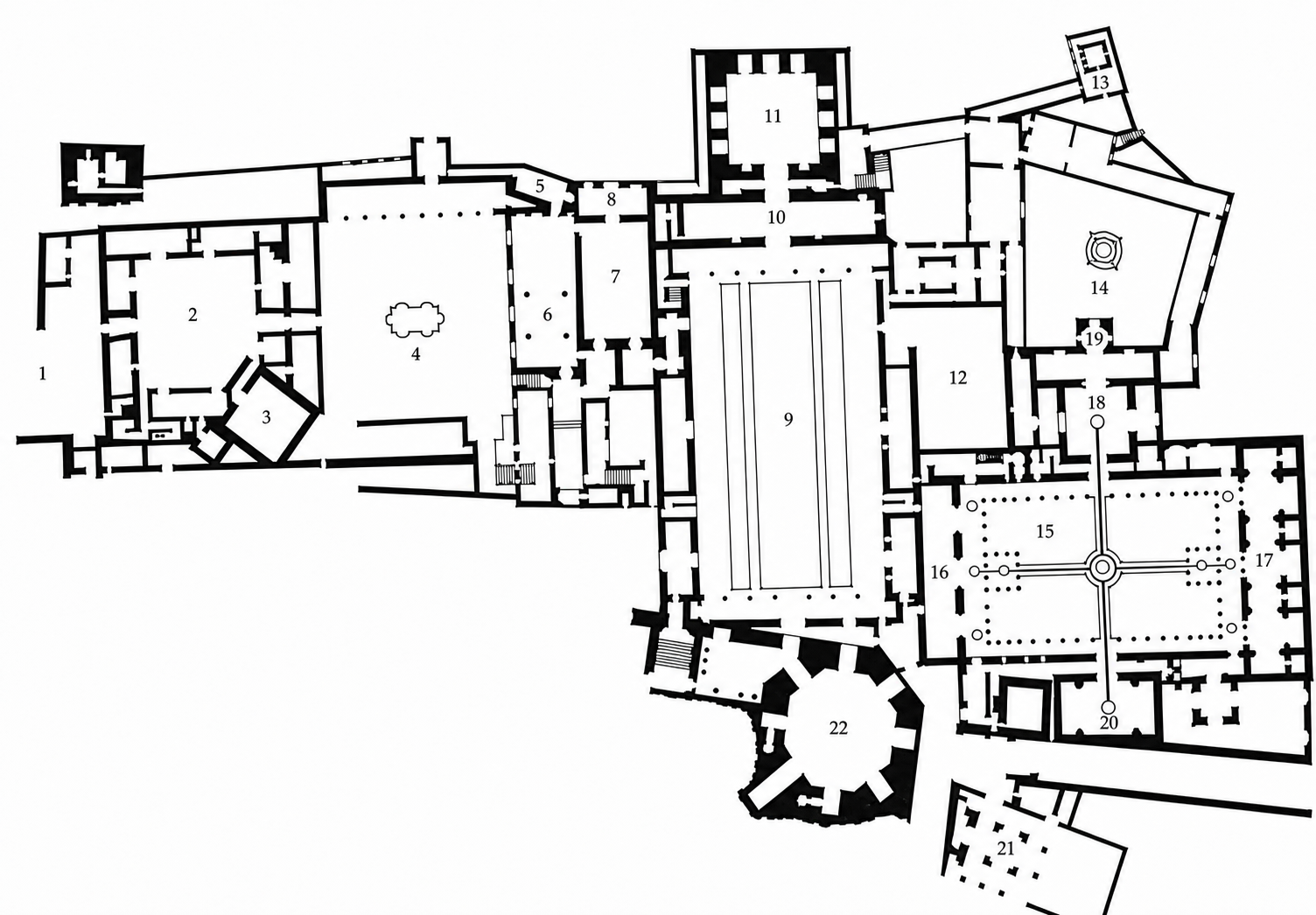 The plan of the Alhambra: the plan is a marvel of centers formed in a thousand combinations, and yet with beautiful symmetrical local order at every point in space.