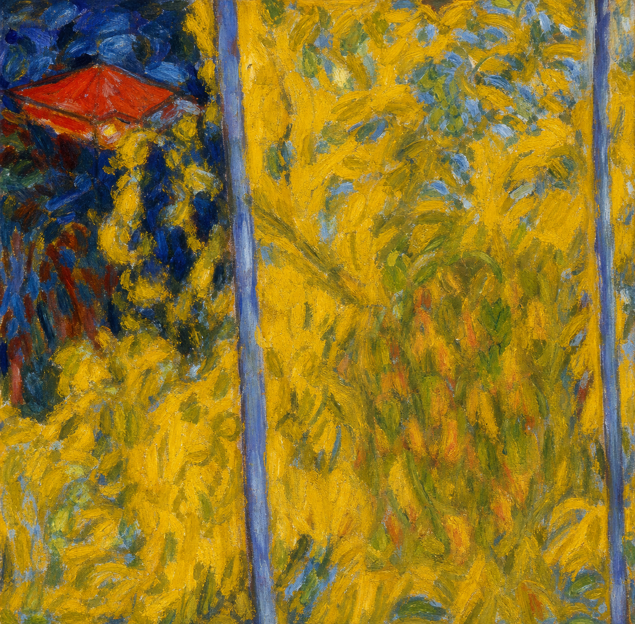 Detail from Pierre Bonnard, The Yellow Mimosa or L'Atelier au Mimosa: the interlock of strands and strands of yellow brush-strokes creates the light.