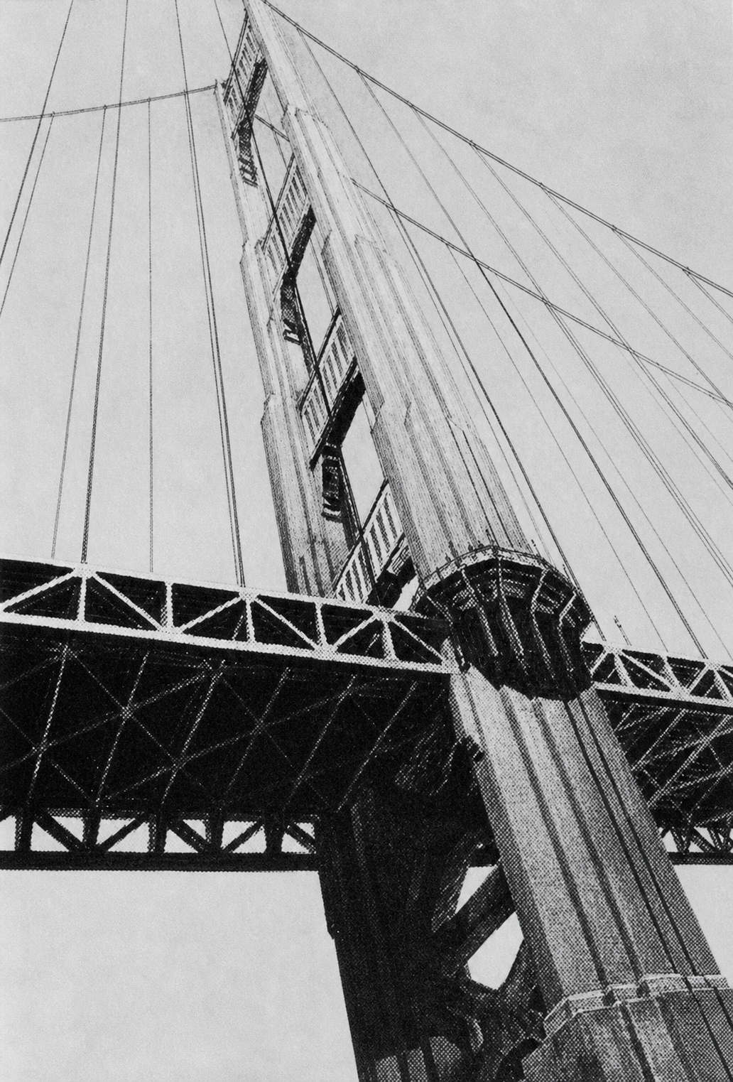 Tower of the Golden Gate Bridge, showing gradients in the bays, steelwork, and gusset plates