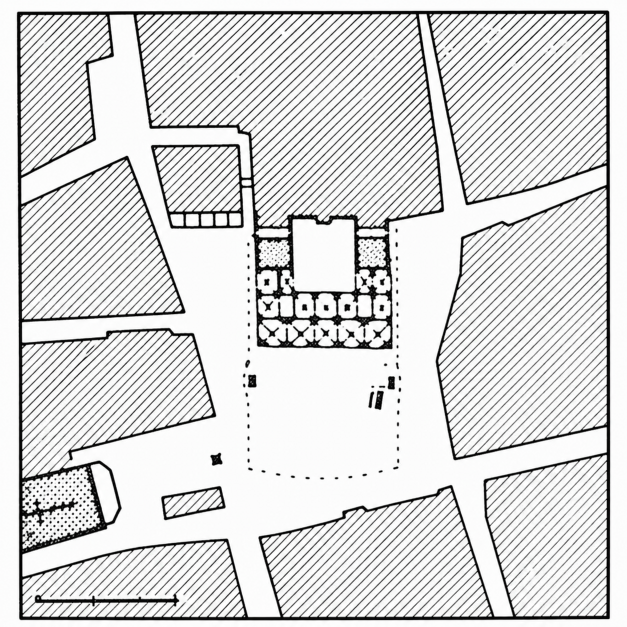 Harmonious roughness in a public square: each building edge falls where it does for a powerful reason. The result appears rough, but is in reality perfectly fitted.