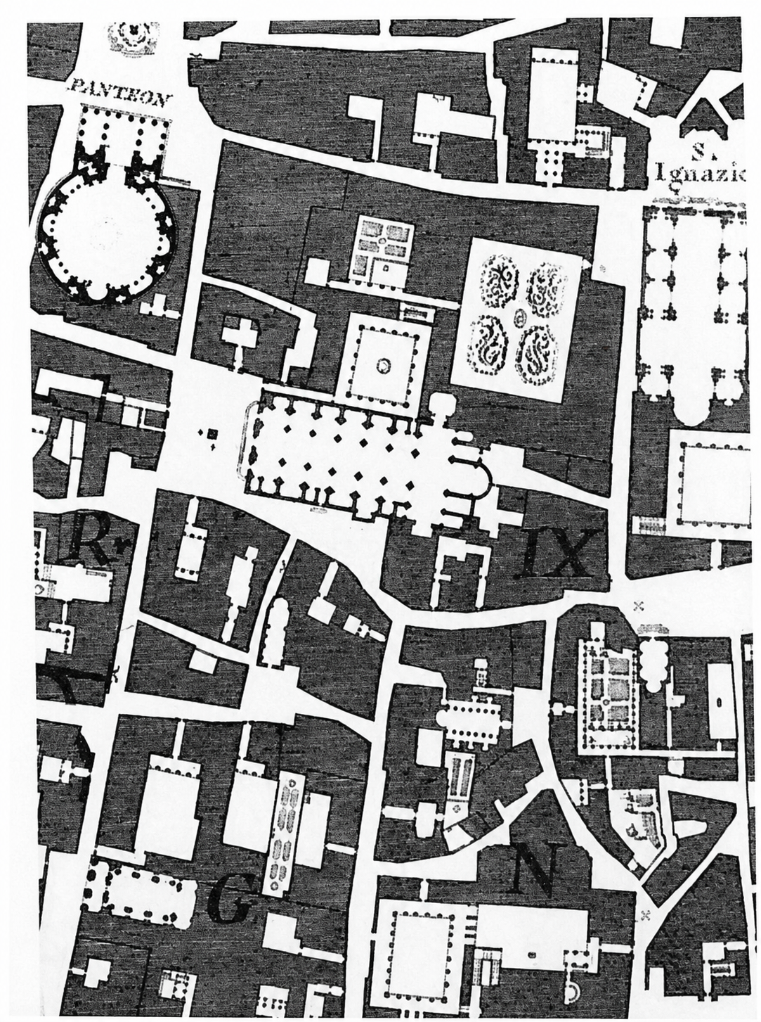 Nolli plan of Rome, the whole dominated by rectangles with a small proportion of apses and half circles thrown in.