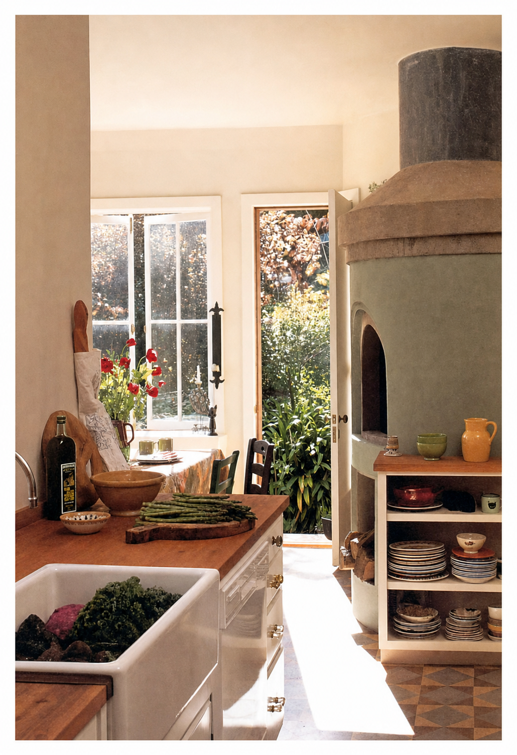 The sitting area in the distance, on the left, is tranquil, because the natural path through the kitchen leaves the sitting area alone. Kitchen of the Upham house, Berkeley, California. Christopher Alexander, 1992