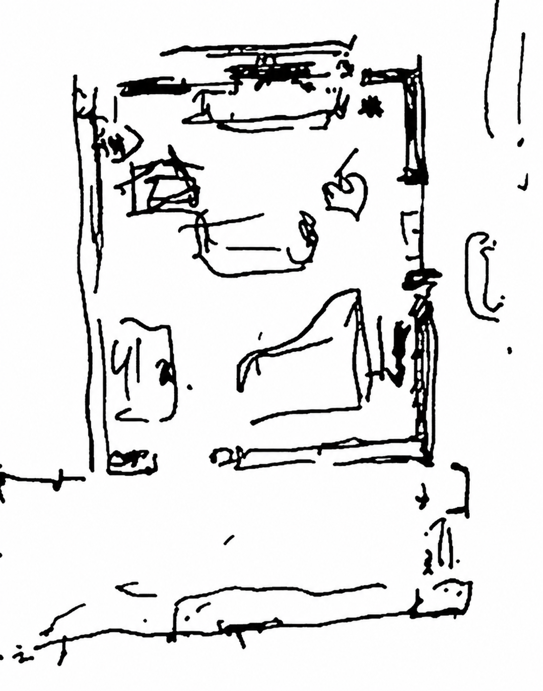 Sketch of reconstruction of the living room at Meadow Lodge, showing how its interior organization is placed in relation to the front hall, the door, the view, the outdoors.